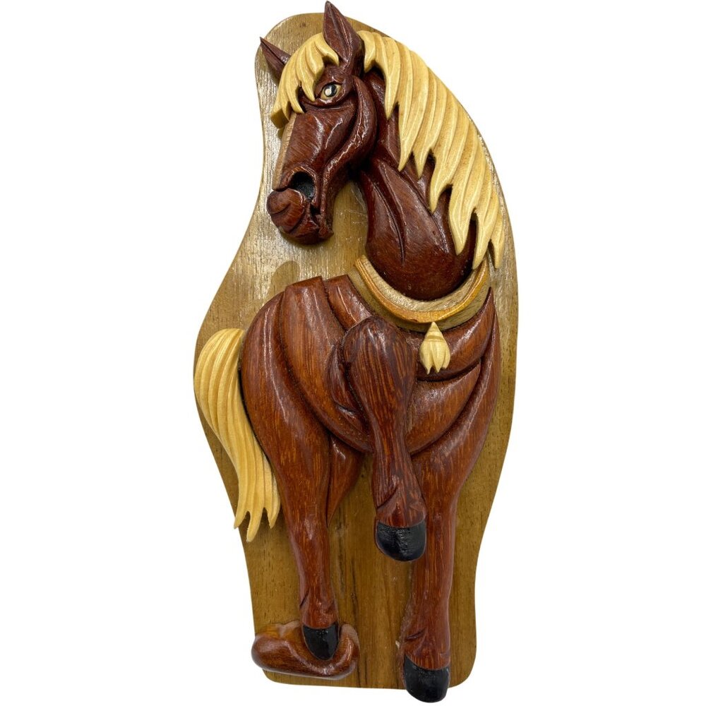 Carved Wooden Horse Puzzle Box With Velvet-Lined Secret Hidden Compartment